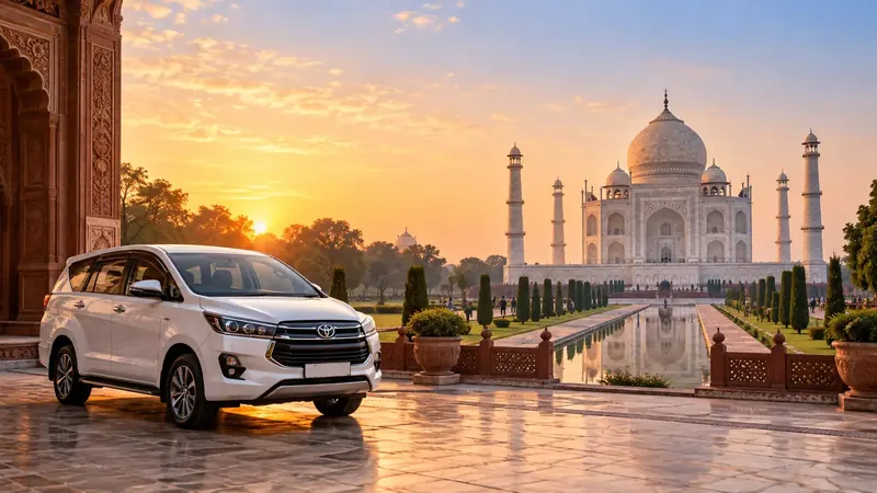 Cab parked with the Taj Mahal in the background