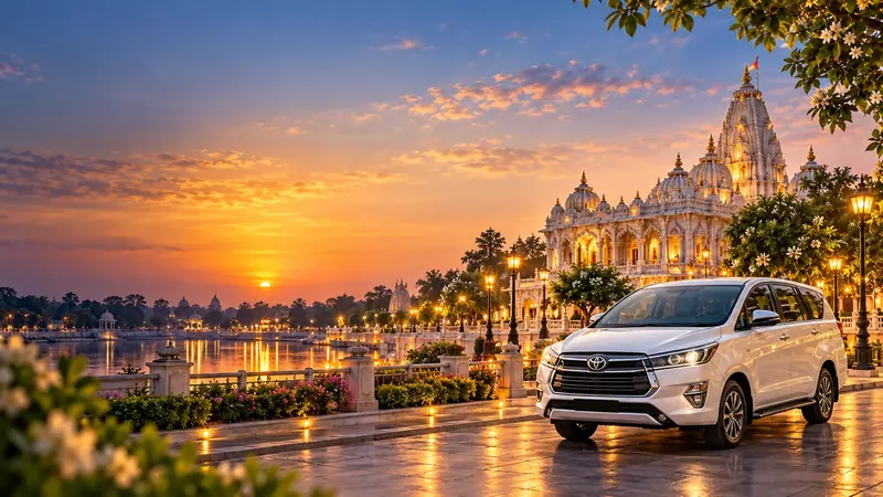 Cab on the road beside a Vrindavan temple at sunset
